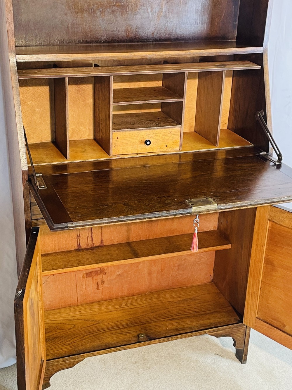 Slim 1920’s Honey Oak Bureau bookshelf Cabinet View IV