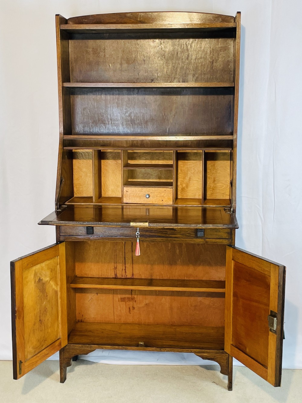 Slim 1920’s Honey Oak Bureau bookshelf Cabinet View V
