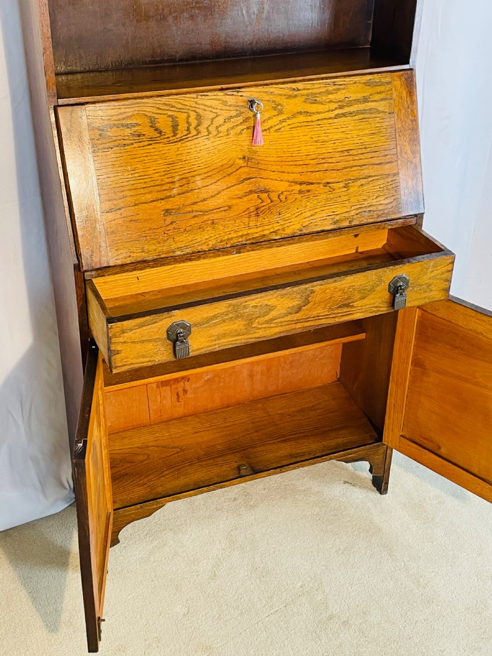 Slim 1920’s Honey Oak Bureau bookshelf Cabinet View VII
