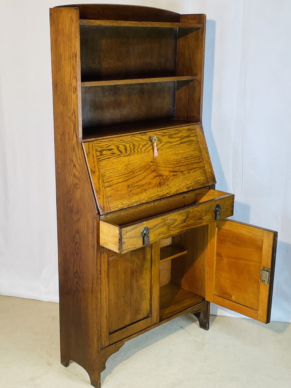 Slim 1920’s Honey Oak Bureau bookshelf Cabinet View XI