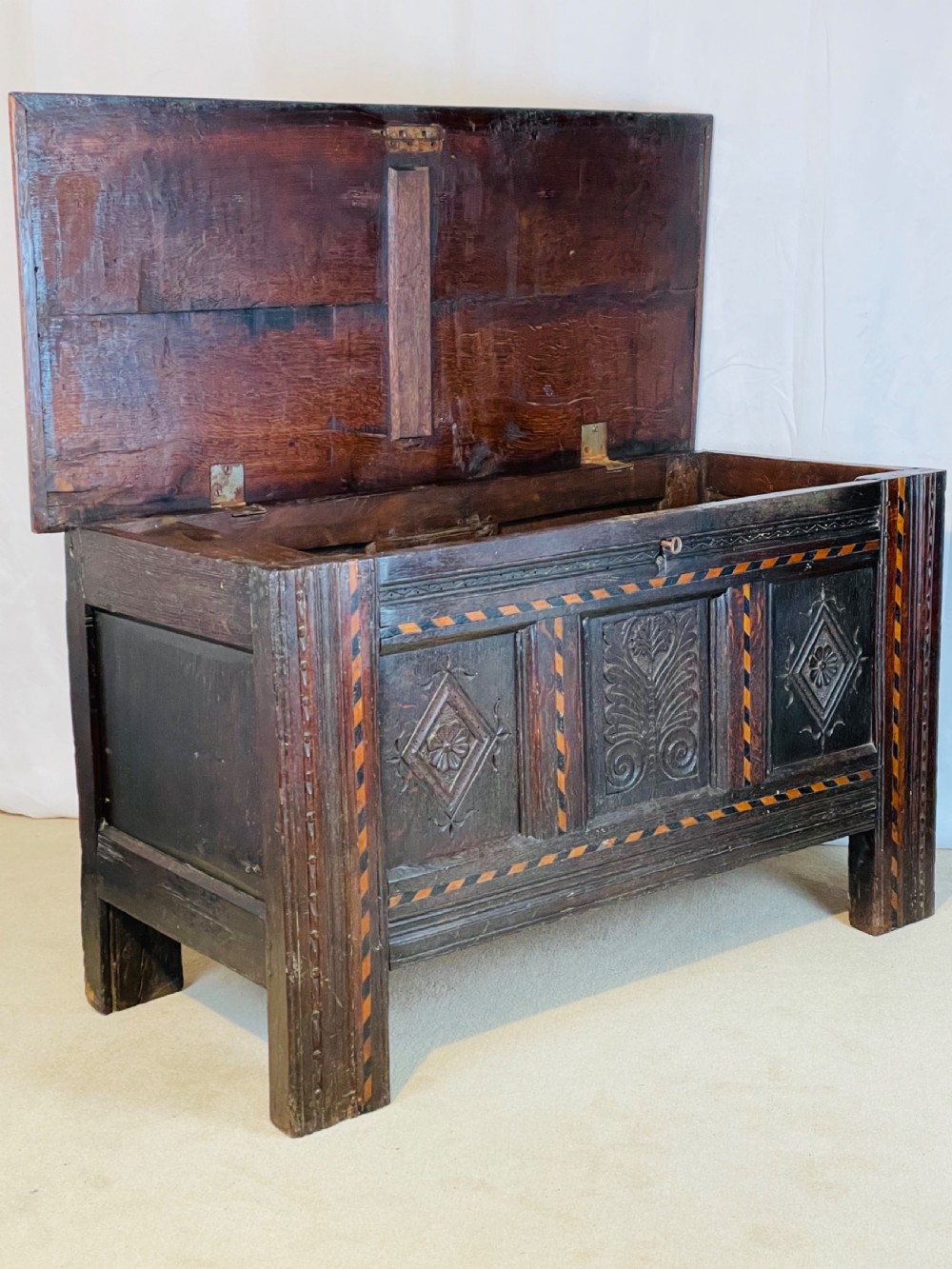 Parquetry Inlaid 17th Century Oak Coffer  View II