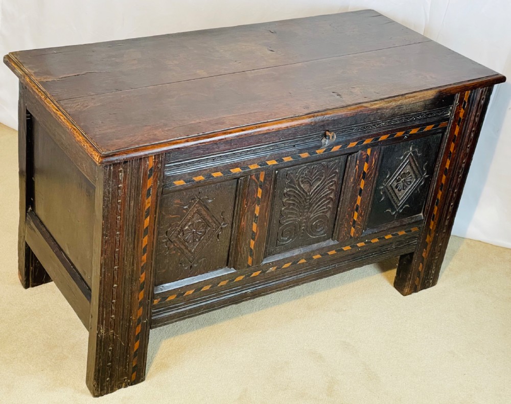 Parquetry Inlaid 17th Century Oak Coffer  View V