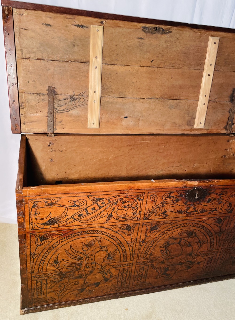 Fabulous 17th Century Italian Carved Cedarwood Coffer View V