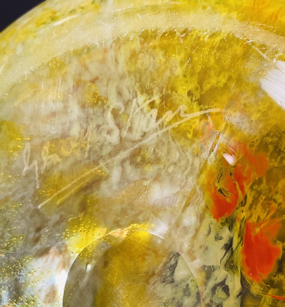 A flared 1930s Gray-Stan art glass vase featuring a swirling yellow and orange mottled pattern. View VIII