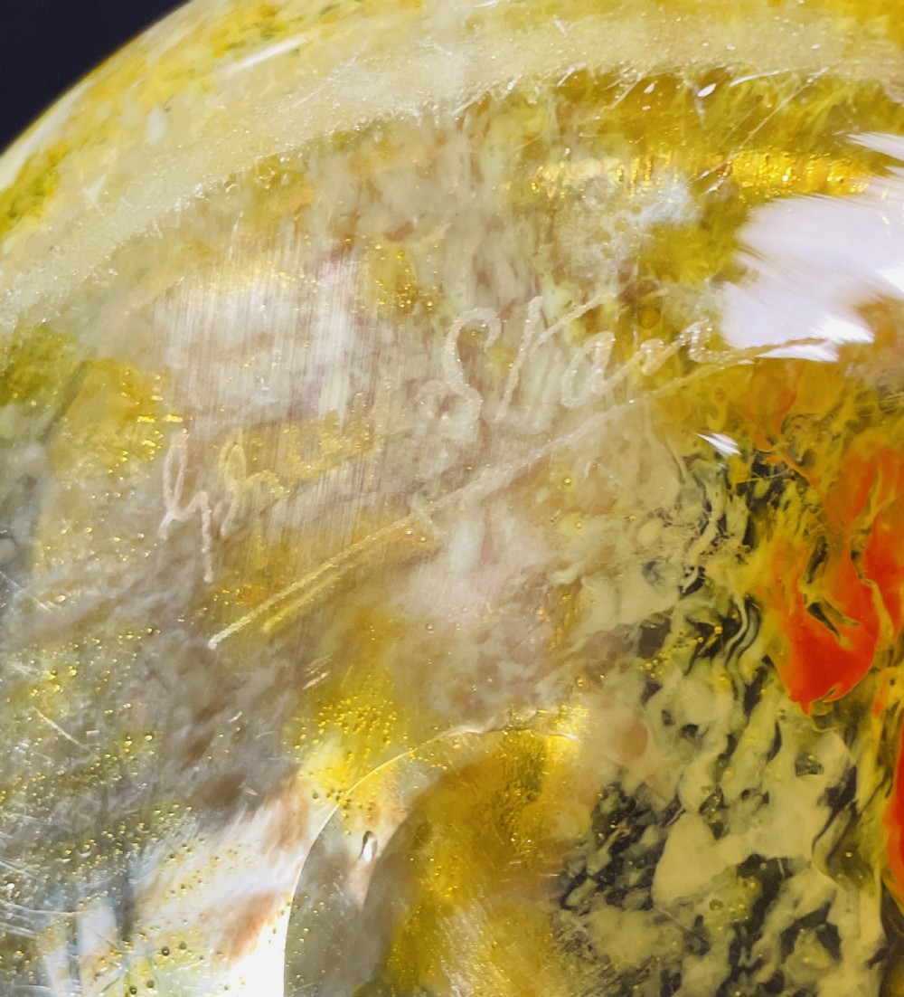 A flared 1930s Gray-Stan art glass vase featuring a swirling yellow and orange mottled pattern. View IX