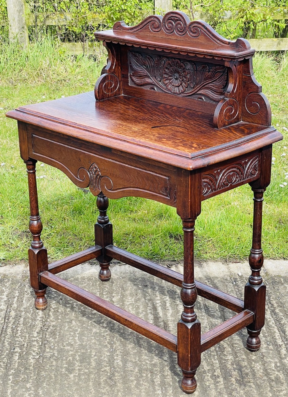 Carved Oak Side Table With Drawer  View II