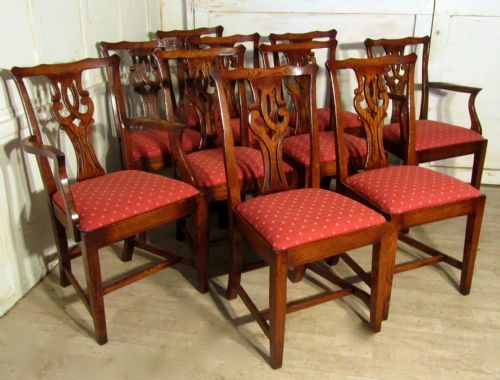A Set of 10 Chippendale Country Oak Dining Chairs
