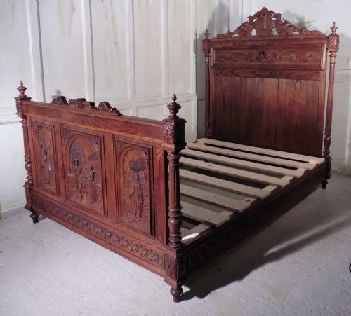 Breton Carved Oak and Chestnut Marriage Double Bed