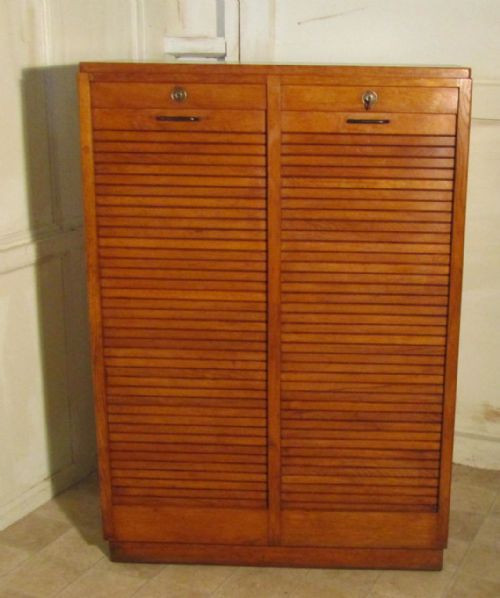 A French Tambour Double Fronted Oak Art Deco Filing Cabinet