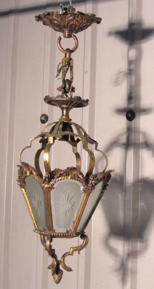 French Brass and Etched Glass Lantern