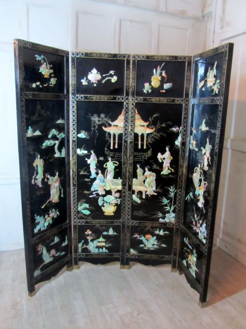 Very Large Japanese Decorated Lacquer and Mother of Pearl Folding Screen