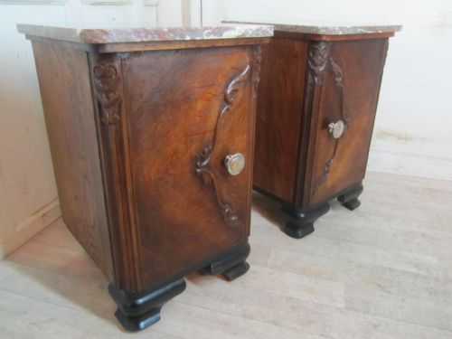 Pair French Marble Topped Oak Art Deco Bedside Cupboards