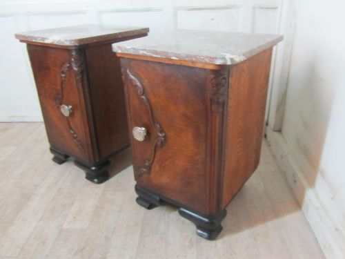 fig 1. Pair French Marble Topped Oak Art Deco Bedside Cupboards