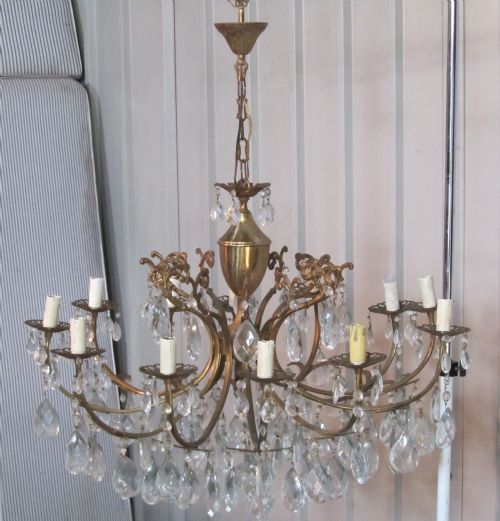 A Charming and Very Large French Cut Glass and Brass 12 Branch Chandelier