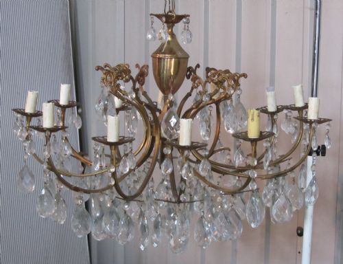 fig 1. A Charming and Very Large French Cut Glass and Brass 12 Branch Chandelier