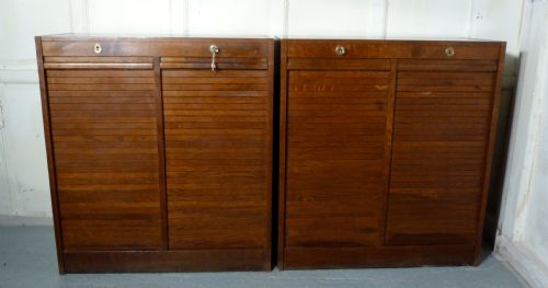 A Pair French Tambour Double Fronted Oak Art Deco Filing Cabinets