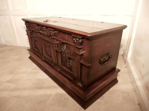 fig 1. 18th Century Carved Walnut and Oak Cassone, Marriage Chest or Carved Coffer