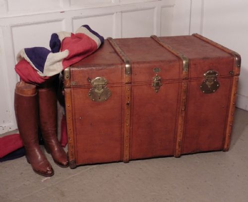 Large French Canvas, Wood and Brass Bound Steamer Trunk, by Abrivard