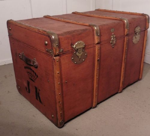 fig 1. Large French Canvas, Wood and Brass Bound Steamer Trunk, by ABRIVARD