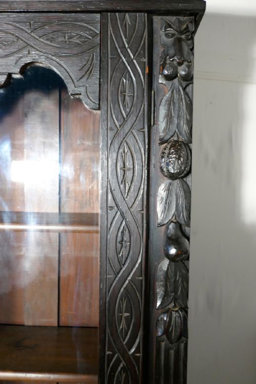 fig 2. Early Victorian Carved Gothic Oak Bookcase, Green Man Game Cupboard