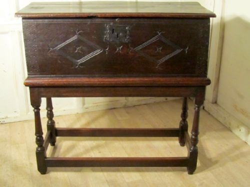 17th Carved Oak Bible Box, Chest on Stand