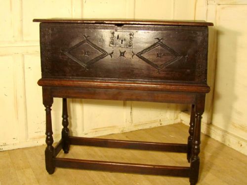 fig 1. 17th Carved Oak Bible Box, Chest on Stand