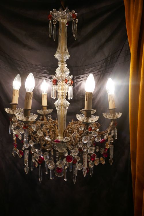 A Charming French Crystal 6 Branch Brass Chandelier