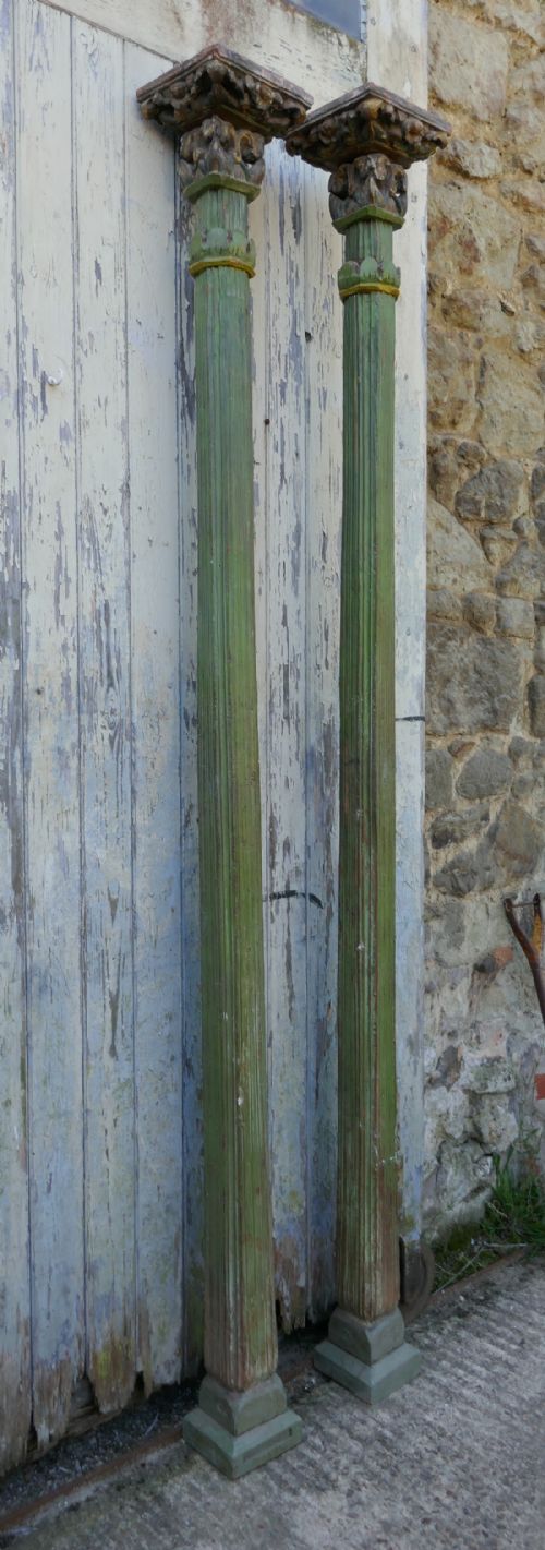 A Pair of Antique Carved and Painted Corinthian Type Columns