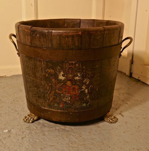 fig 1. An Oak Iron Bound Ships Barrel, with the Royal Coat of Arms