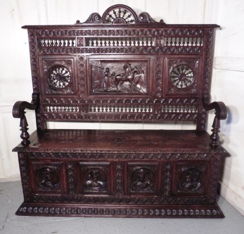 A Breton High Back Carved Oak Box Settle