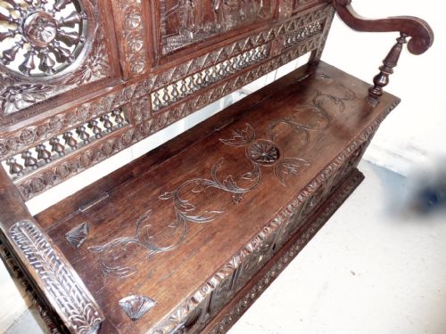 fig 4. A Breton High Back Carved Oak Box Settle