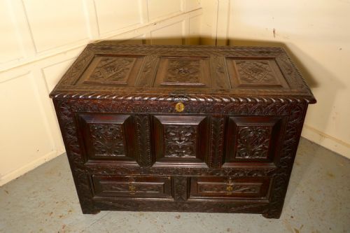 Large Carved Oak Mule Chest, Green Man Marriage Chest
