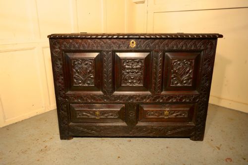 fig 1. Large Carved Oak Mule Chest, Green Man Marriage Chest