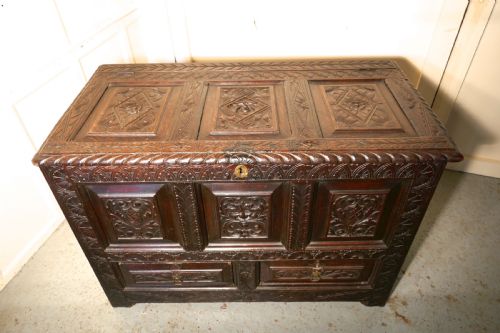 fig 3. Large Carved Oak Mule Chest, Green Man Marriage Chest