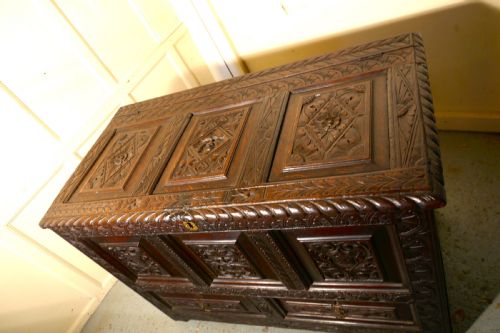 fig 4. Large Carved Oak Mule Chest, Green Man Marriage Chest