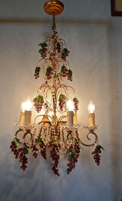Large 6 Branch Chandelier Hung with Amethyst Grapes
