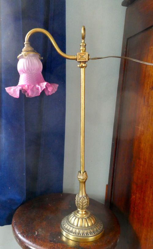 Victorian Brass Adjustable Table Lamp with Rose Pink Shade