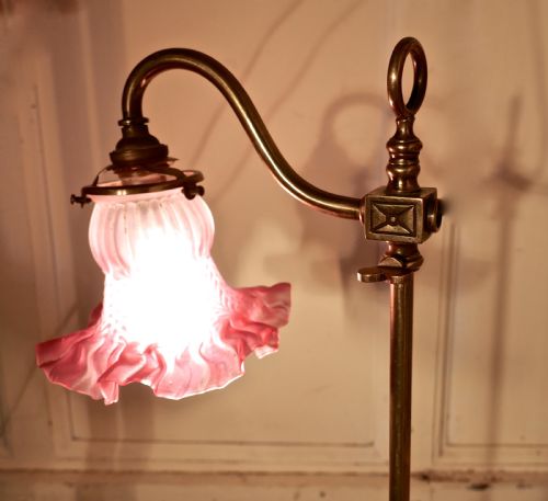 fig 1. Victorian Brass Adjustable Table Lamp with Rose Pink Shade