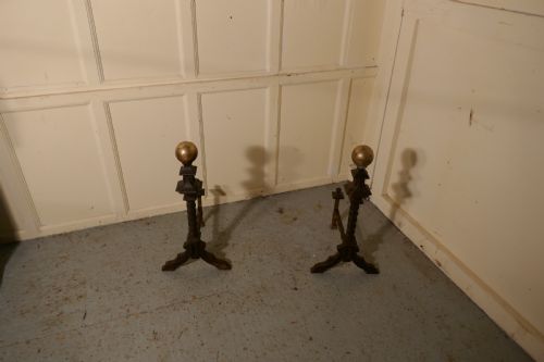 A Very Large and Heavy Pair of French 19th Century Brass & Iron Andirons or Fire Dogs