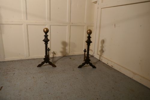 fig 1. A Very Large and Heavy Pair of French 19th Century Brass & Iron Andirons or Fire Dogs