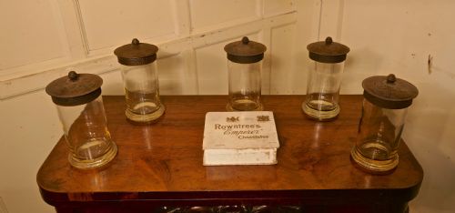 Set of 5 19th Century Rountree’s Sweet Gums Jars with Chocolate Box