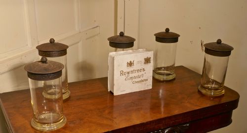 fig 1. Set of 5 19th Century Rountree’s Sweet Gums Jars with Chocolate Box