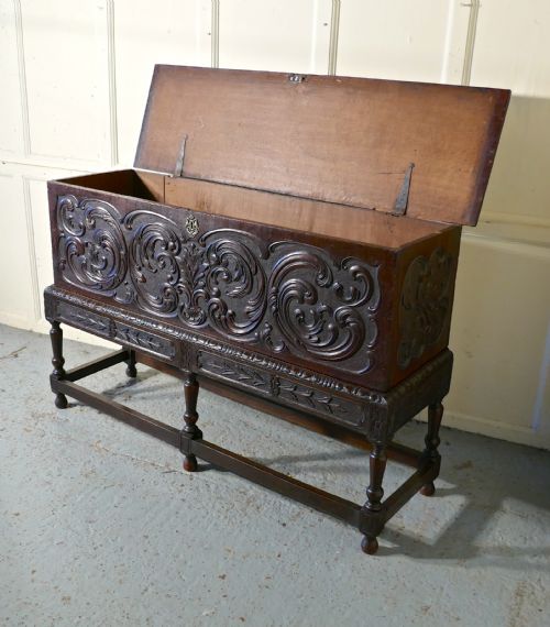 fig 1. 17th Century Carved Oak Sword Chest on Stand