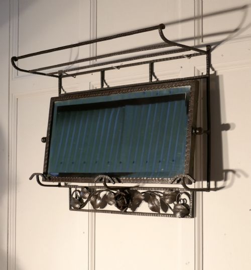 French Art Deco Iron Hat and Coat Shelf Brutalist Mirror, Pullman Style