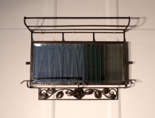 fig 1. French Art Deco Iron Hat and Coat Shelf Brutalist Mirror, Pullman Style