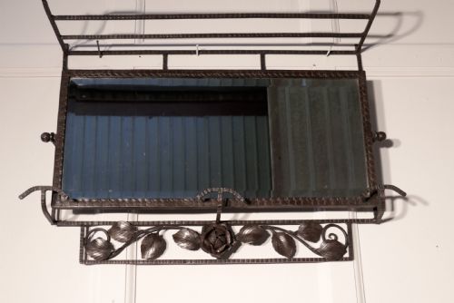 fig 2. French Art Deco Iron Hat and Coat Shelf Brutalist Mirror, Pullman Style