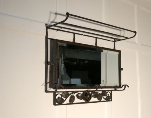 fig 3. French Art Deco Iron Hat and Coat Shelf Brutalist Mirror, Pullman Style