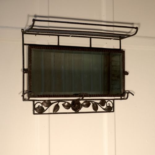 fig 4. French Art Deco Iron Hat and Coat Shelf Brutalist Mirror, Pullman Style