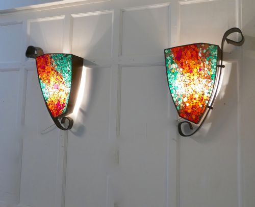 fig 1. Set of 4 Extra Large Gothic Art Deco Glass and Copper Wall Lights