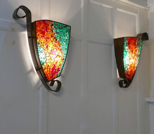 fig 2. Set of 4 Extra Large Gothic Art Deco Glass and Copper Wall Lights